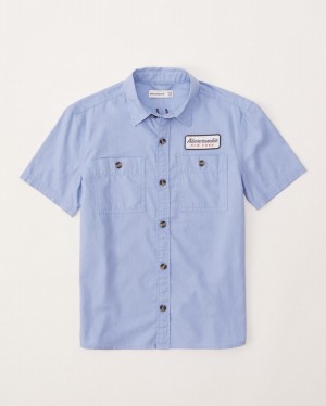 Chemises Abercrombie Corta-sleeve Logo Utility Button-up Garcon Bleu | KRJLAZ-758