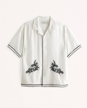 Chemises Abercrombie Camp Collar Summer Linen-blend Embroidered Homme Blanche | VQNDPH-752