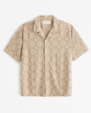 Chemises Abercrombie Camp Collar Summer Linen-blend Embroidered Homme Marron | YNRXHM-025