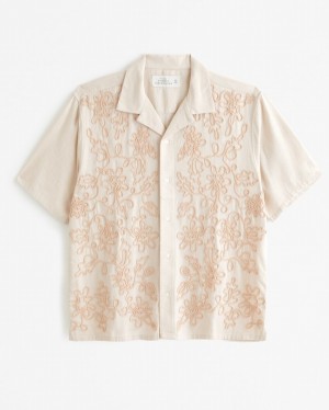 Chemises Abercrombie Camp Collar Summer Linen-blend Embroidered Homme Blanche | LWGBQU-906