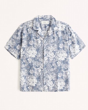 Chemises Abercrombie Camp Collar Summer Linen-blend Homme Bleu | ESVUWN-932