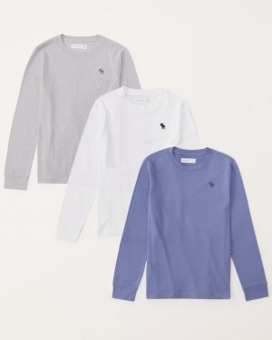 T Shirts Abercrombie 3-pack Essential Long-sleeve Icon Crew Garcon Bleu Grise Blanche | KSITOE-825