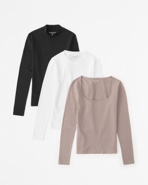 T Shirts Abercrombie 3-pack Long-sleeve Cotton Seamless Fabrics Femme Noir Blanche Grise Marron | ZHCRIO-680