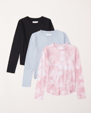 T Shirts Abercrombie 3-pack Long-sleeve Curved Hem Icon Fille Rose | BZASQJ-980