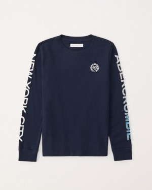 T Shirts Abercrombie Long-sleeve Print Logo Garcon Bleu Marine | EFLBSQ-623