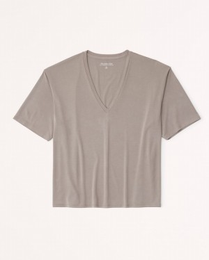 T Shirts Abercrombie Sandwash V-neck Femme Grise Marron | ISMTYR-184