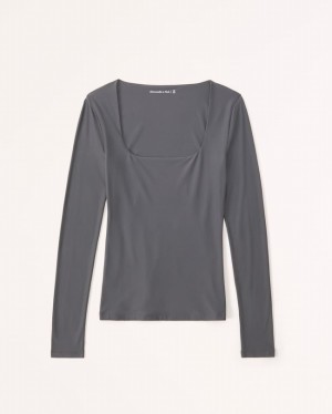 T Shirts Abercrombie Soft Matte Seamless Long-sleeve Squareneck Femme Grise | XBTAUF-591