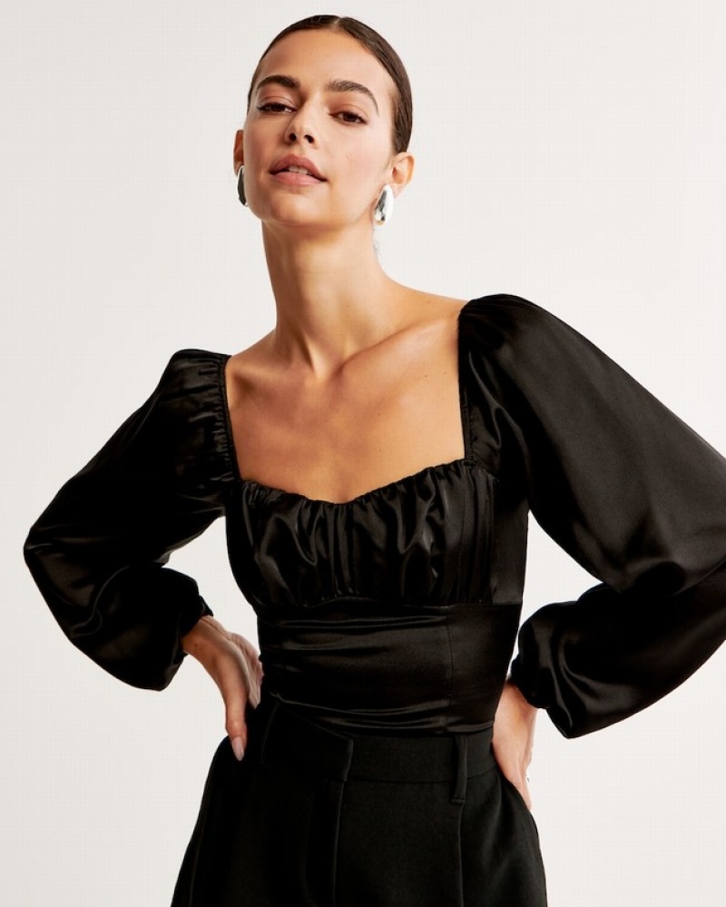 Chemises Abercrombie Long-sleeve Satin Ruched Femme  Noir | PEBLTG-021