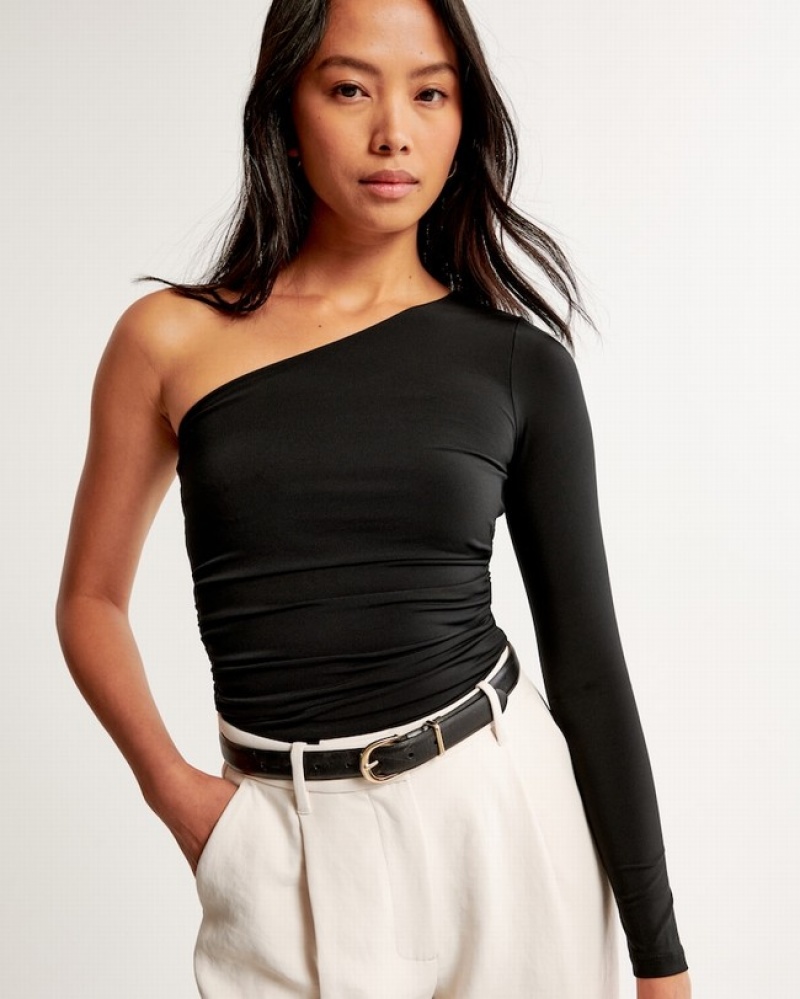 Chemises Abercrombie Long-sleeve Slinky Asymmetrical Ruched Femme  Noir | XQMDBO-910