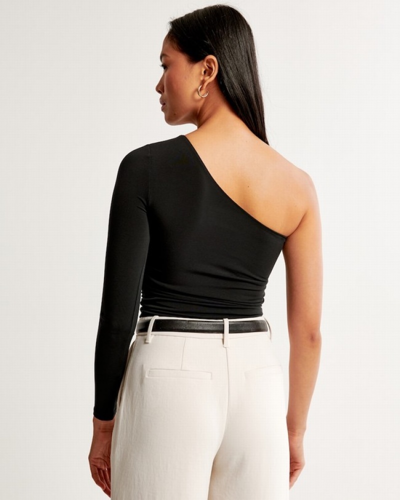 Chemises Abercrombie Long-sleeve Slinky Asymmetrical Ruched Femme  Noir | XQMDBO-910