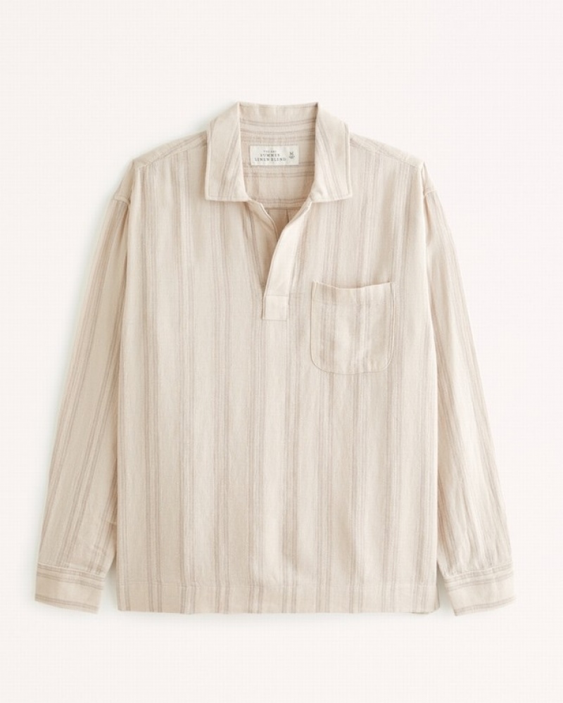 Chemises Abercrombie Long-sleeve Summer Linen-blend Johnny Collar Homme  Marron Clair | CHWVFE-986