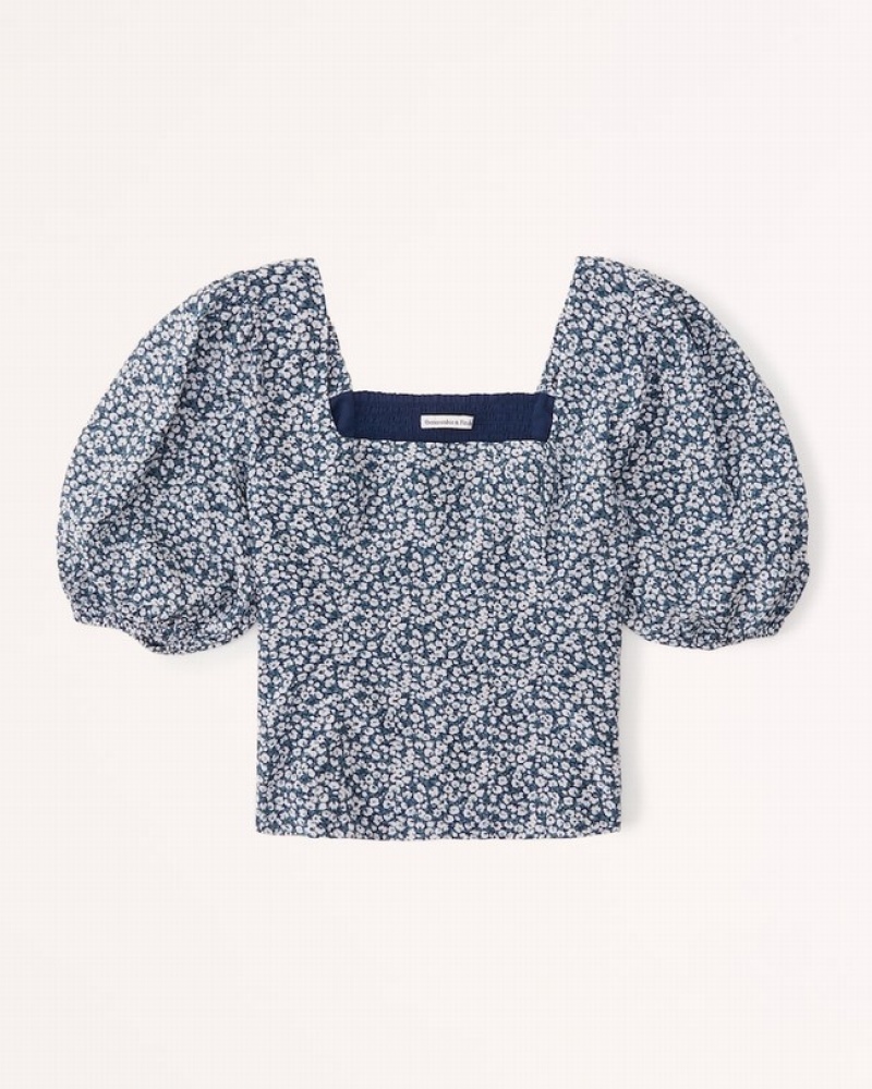 Chemises Abercrombie Puff Sleeve Shine Cotton Squareneck Femme  Bleu Marine | XBHYIP-706
