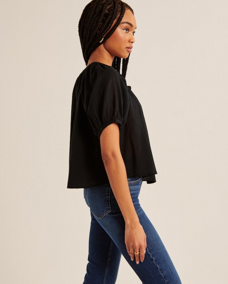 Chemises Abercrombie Sheer Puff Sleeve Femme  Noir | MVFQWU-864
