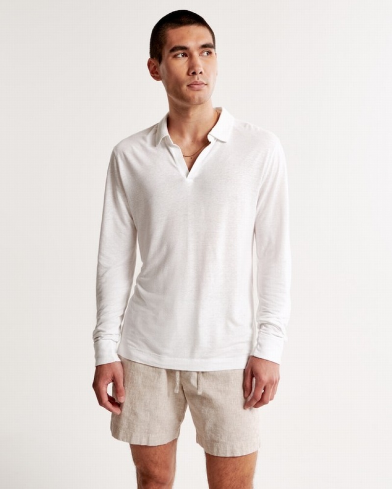 Polos Abercrombie Long-sleeve Linen-blend Johnny Collar Homme  Blanche | JYPBFR-731