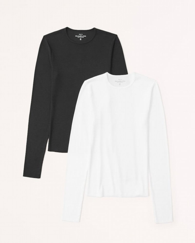 T Shirts Abercrombie 2-pack Essential Long-sleeve Featherweight Rib Tuckables Femme  Noir Blanche | OVXIJU-856