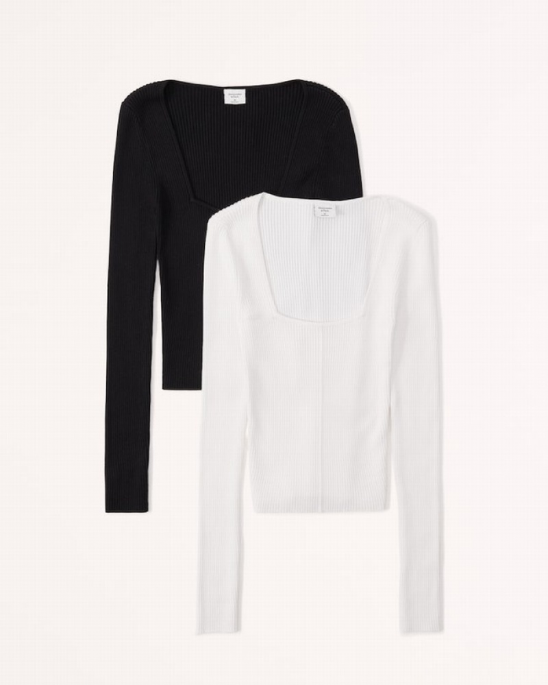 T Shirts Abercrombie 2-pack Long-sleeve Slims Femme  Noir Blanche | WMJHXL-754