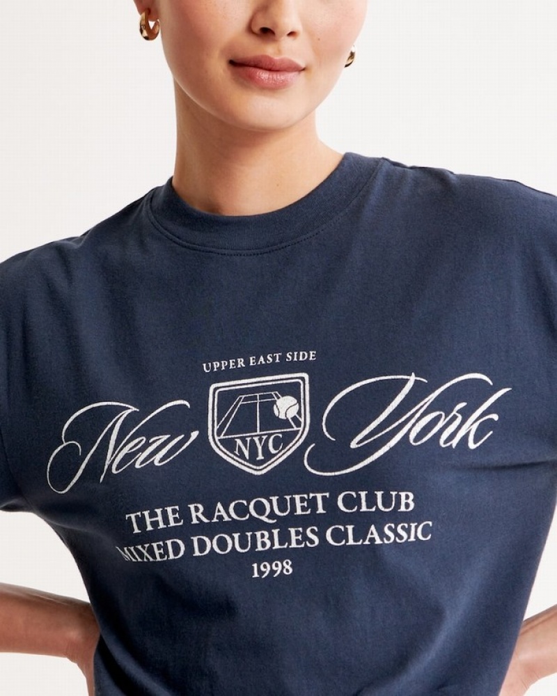 T Shirts Abercrombie Corta-sleeve Racquet Club Graphic Easy Femme  Bleu Marine | UJESZW-892