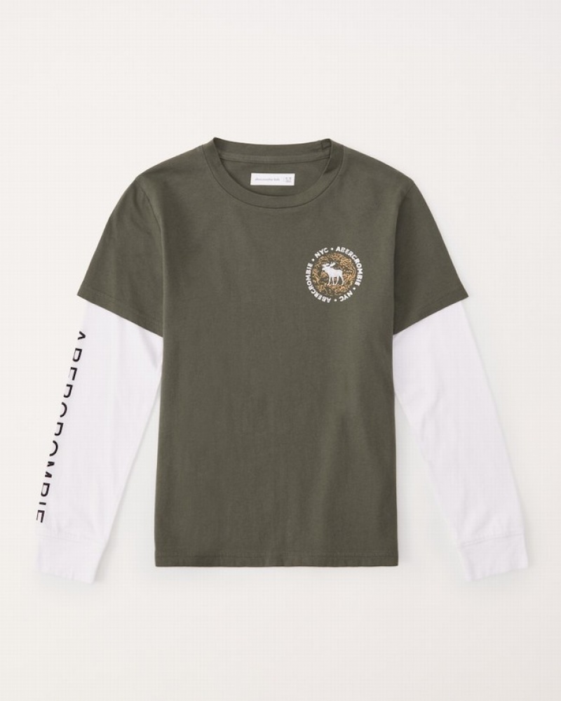 T Shirts Abercrombie Long-sleeve Twofer Print Logo Garcon  Vert Foncé | YDZWBR-369